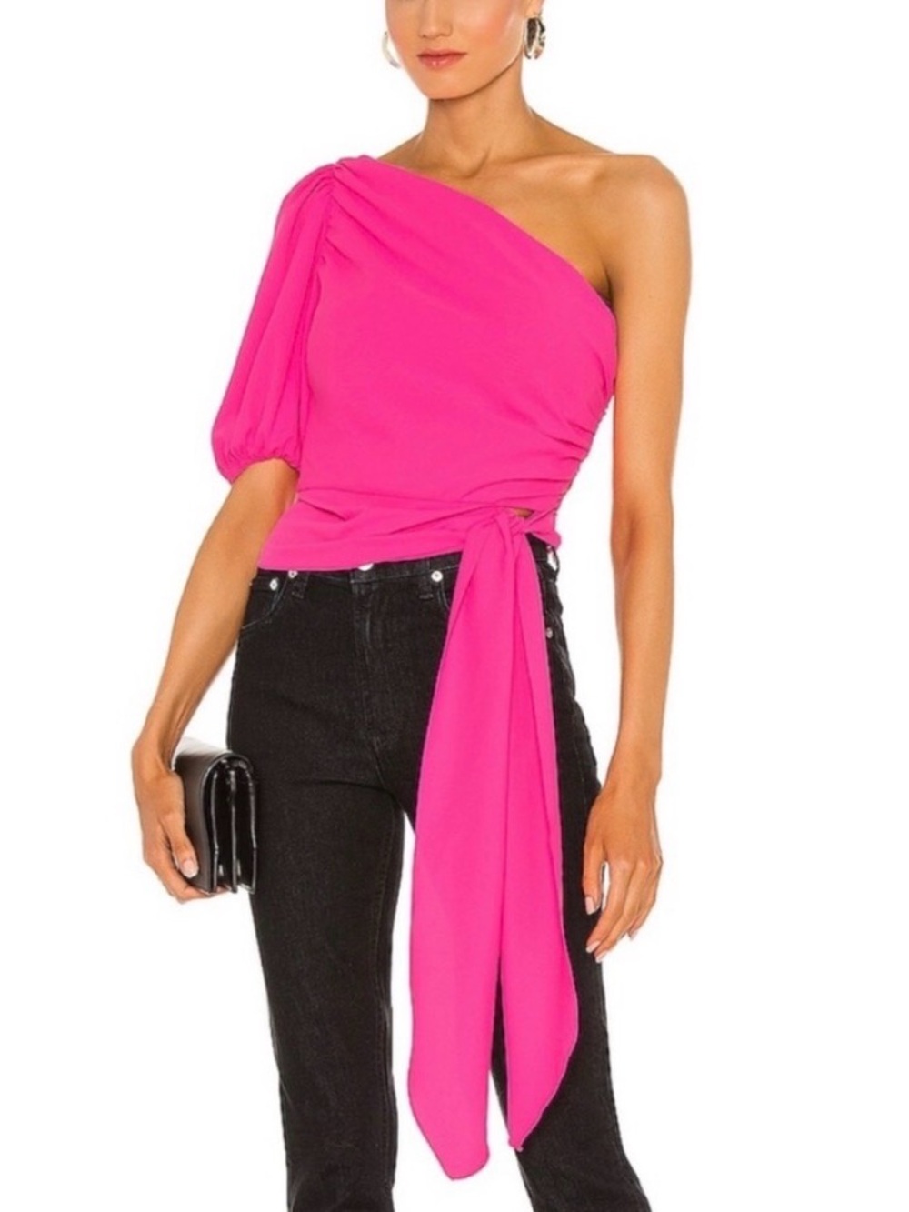 Amanda Uprichard One-Shoulder Fuchsia Tie-Waist Top